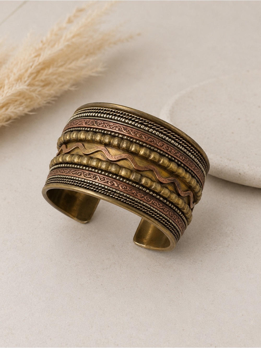 Mixed Metal Textured Cuff Bracelet - Gold & Copper Tones